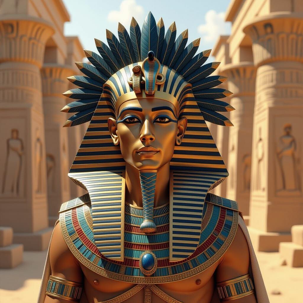 Regal Pharaoh in Scarab Headdress, Egyptian Art Style