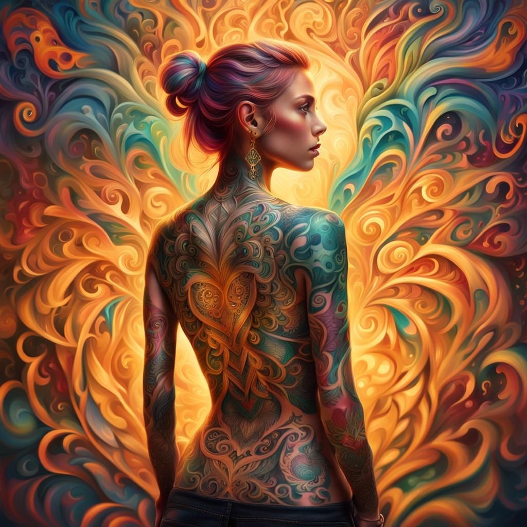 Woman with Intricate Tattoo: Fantasy Oil Painting