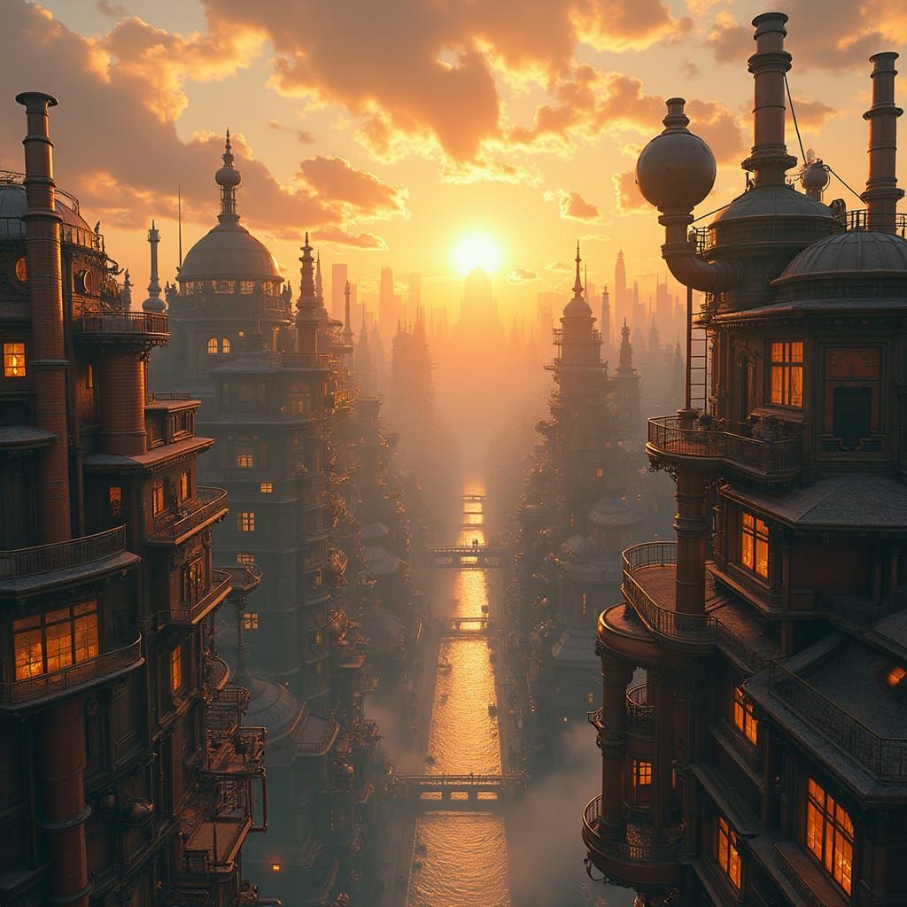 Steampunk Cityscape at Sunset: A Fantastical Vision