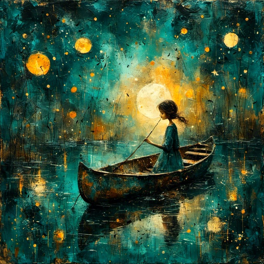 Woman in Rowboat Under Starlit Sky