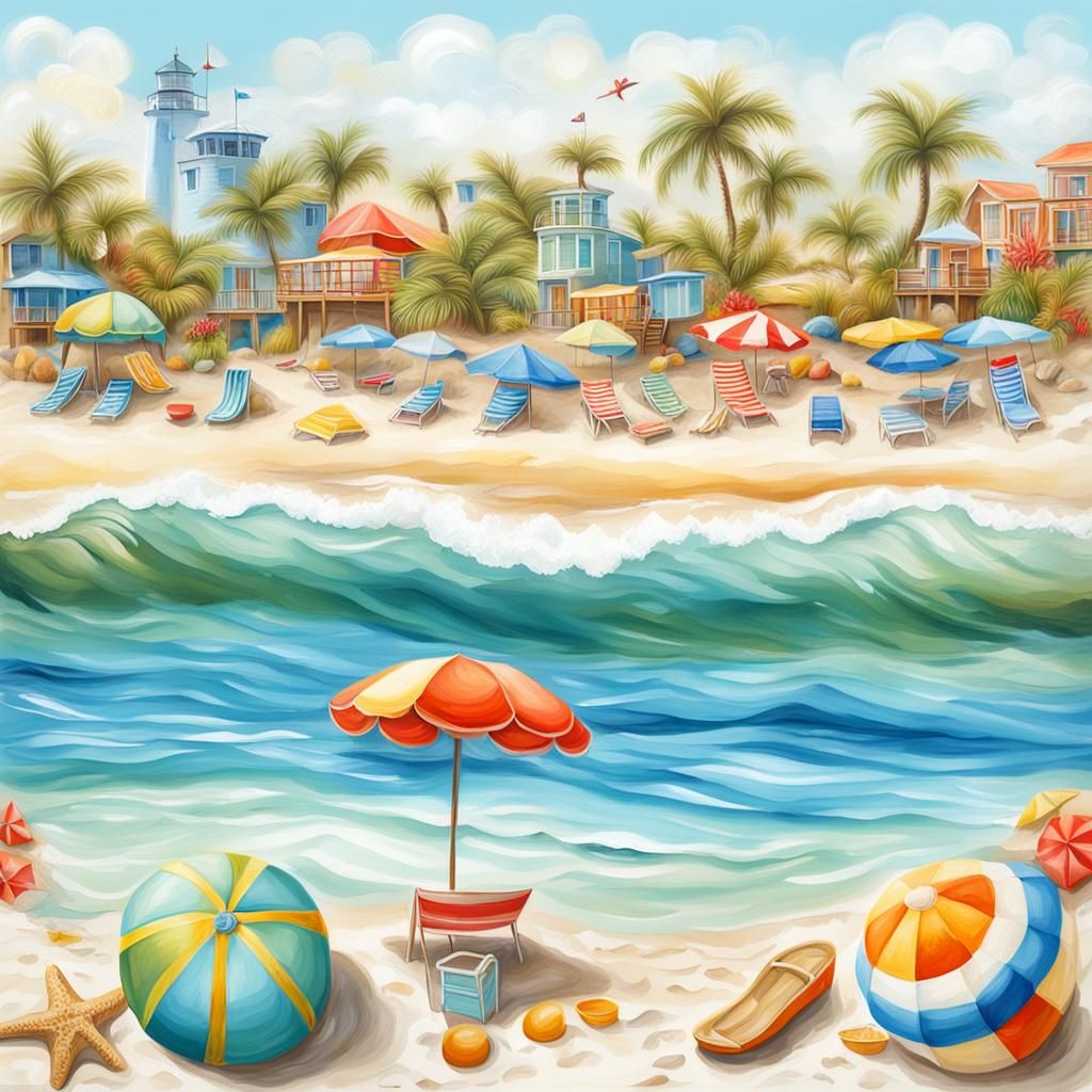 Hyperrealistic Summer Beach Illustration in Oil Paint Style