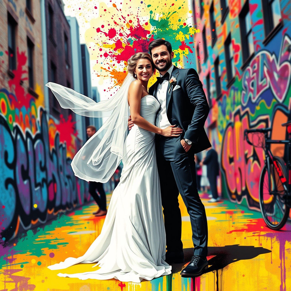 Polychromatic Wedding Scene in Graffiti Style