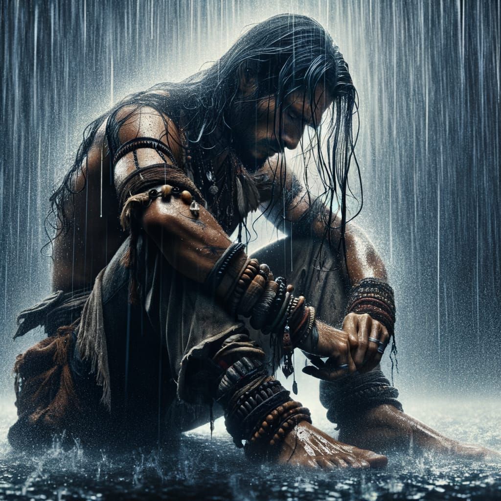 Resilient Man in Downpour: 19th Century Photographic Style