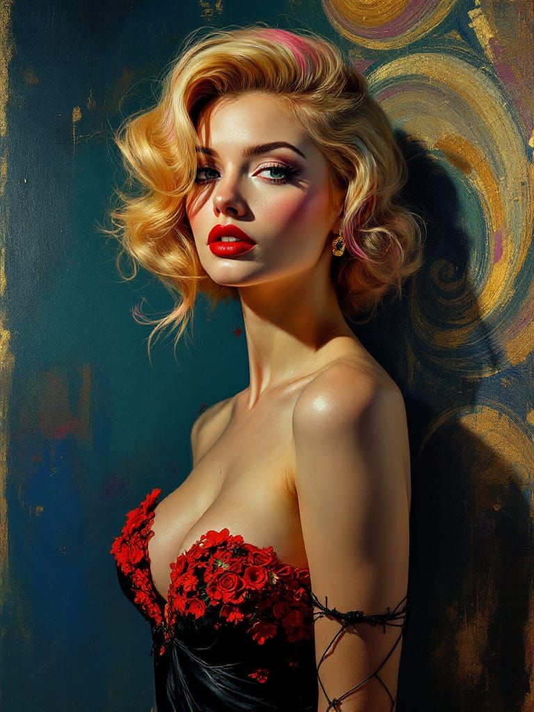 Pin-Up Woman in Golden Spotlight, Toulouse-Lautrec Style