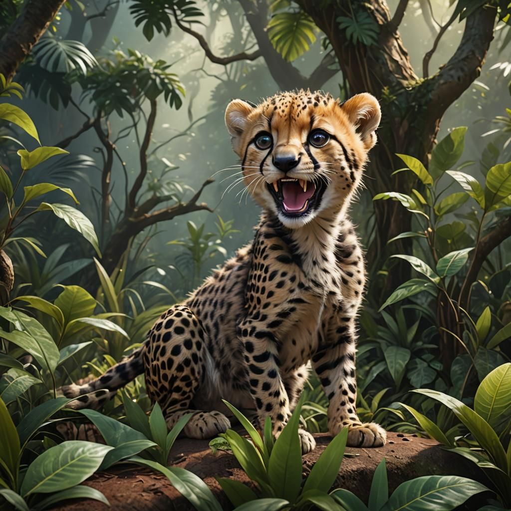 Playful Baby Cheetah in Jungle, Detailed Matte Painting