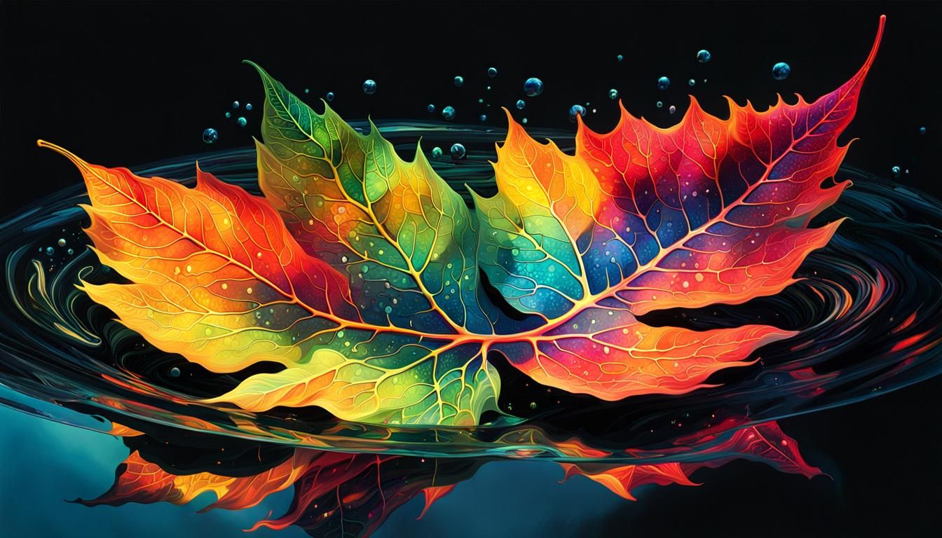 Iridescent Leaves Floating in a Rainbow Pool