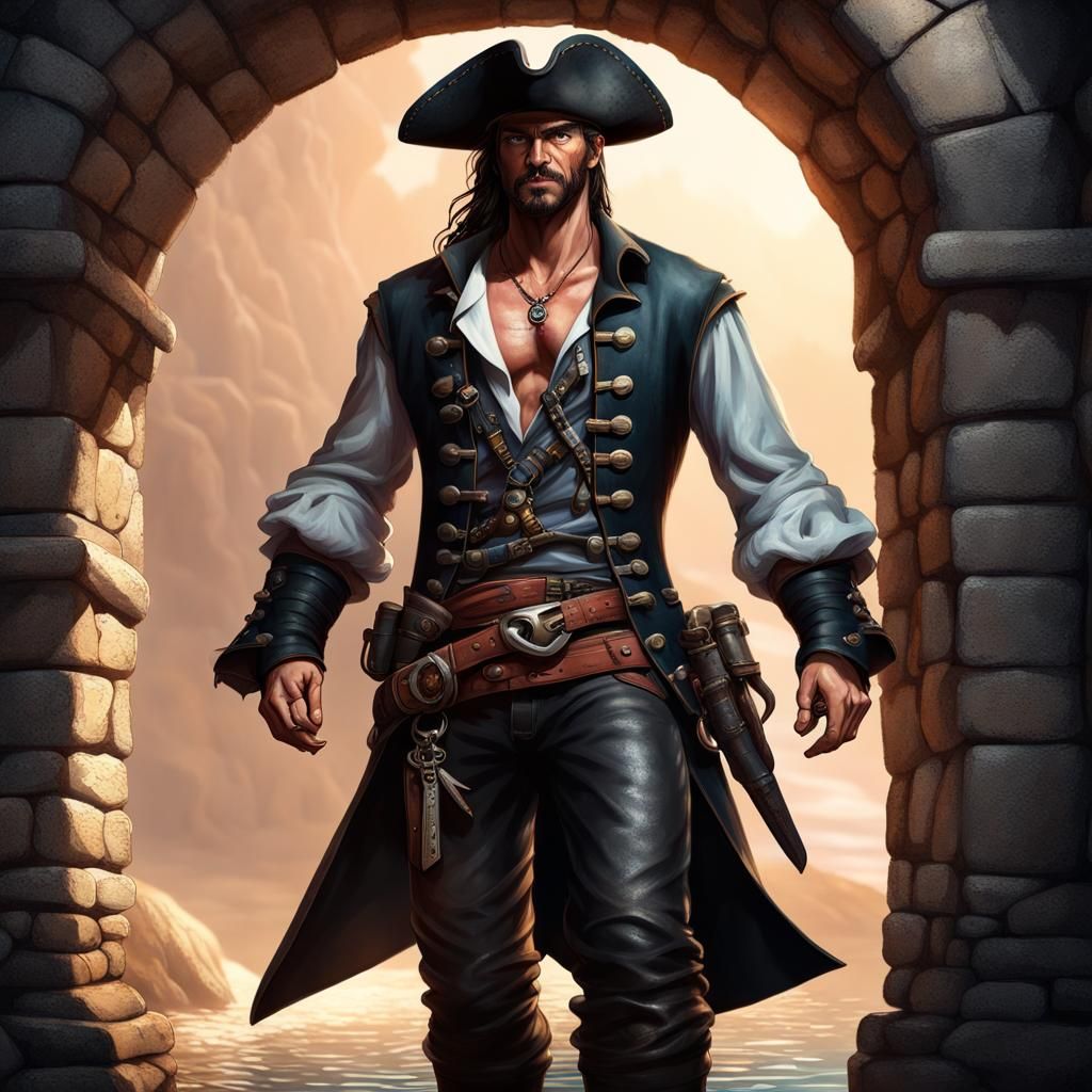 Hyperrealistic Pirate in Stone Archway