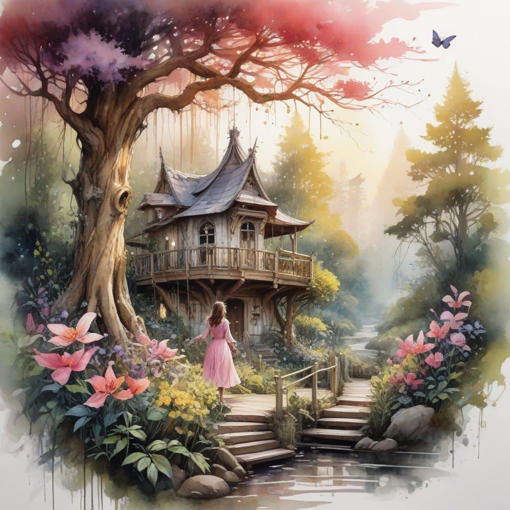 Whimsical Forest Scene with Magical Treehouse in Warm Sunlig...