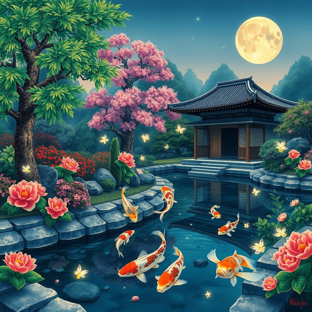 art by Hasui Kawase Shin-hanga, vibrant Koi fish swimming in a traditional Japanese garden pond, serenity in nature, cla...