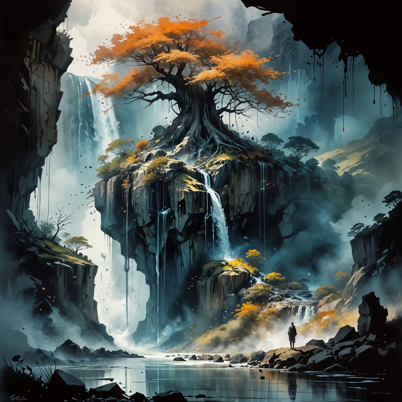 Cliffside Waterfall Above Clouds in Watercolour Style