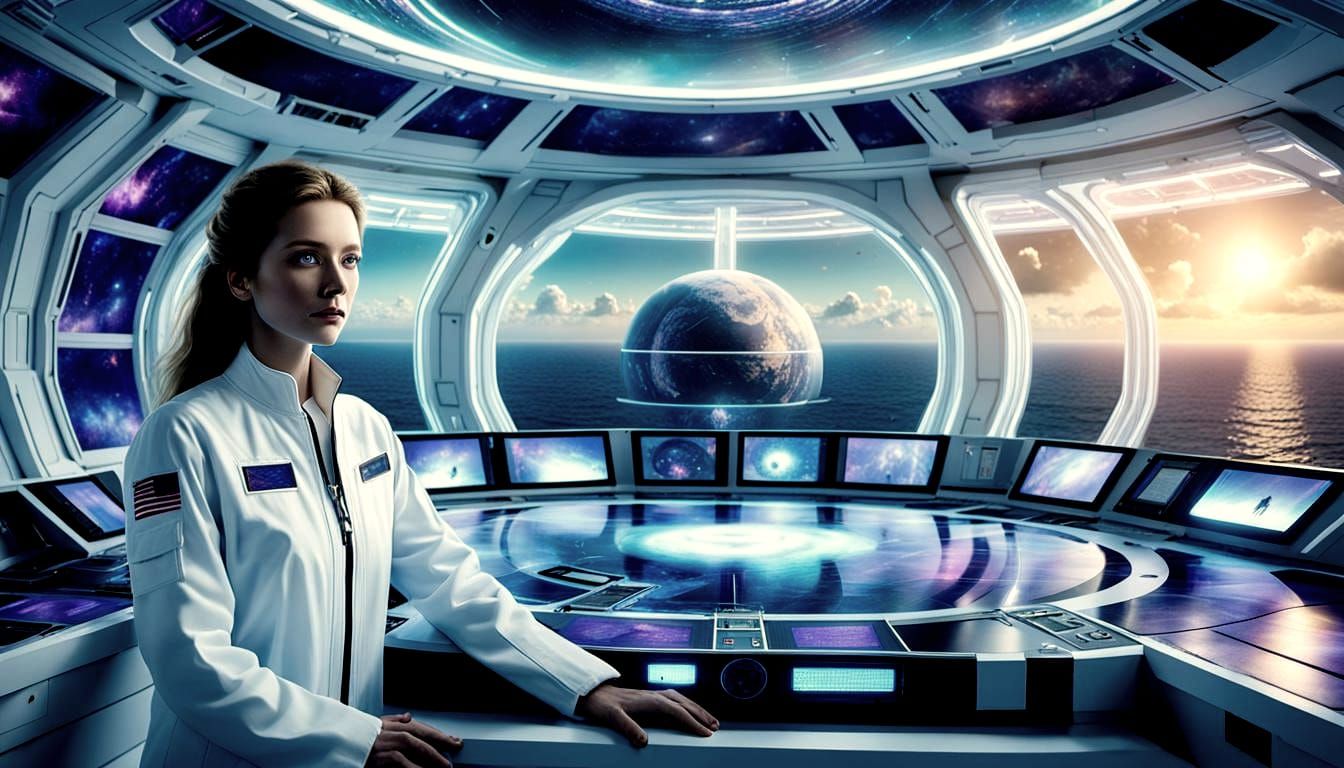 Futuristic Spacecraft Laboratory with Holographic Seascape