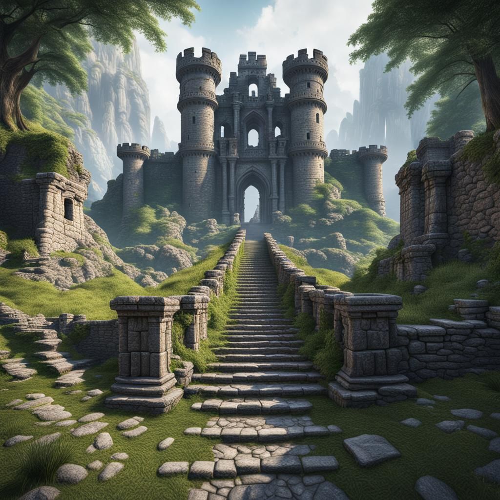 Hyperrealistic Path to a Mysterious Ruined Castle