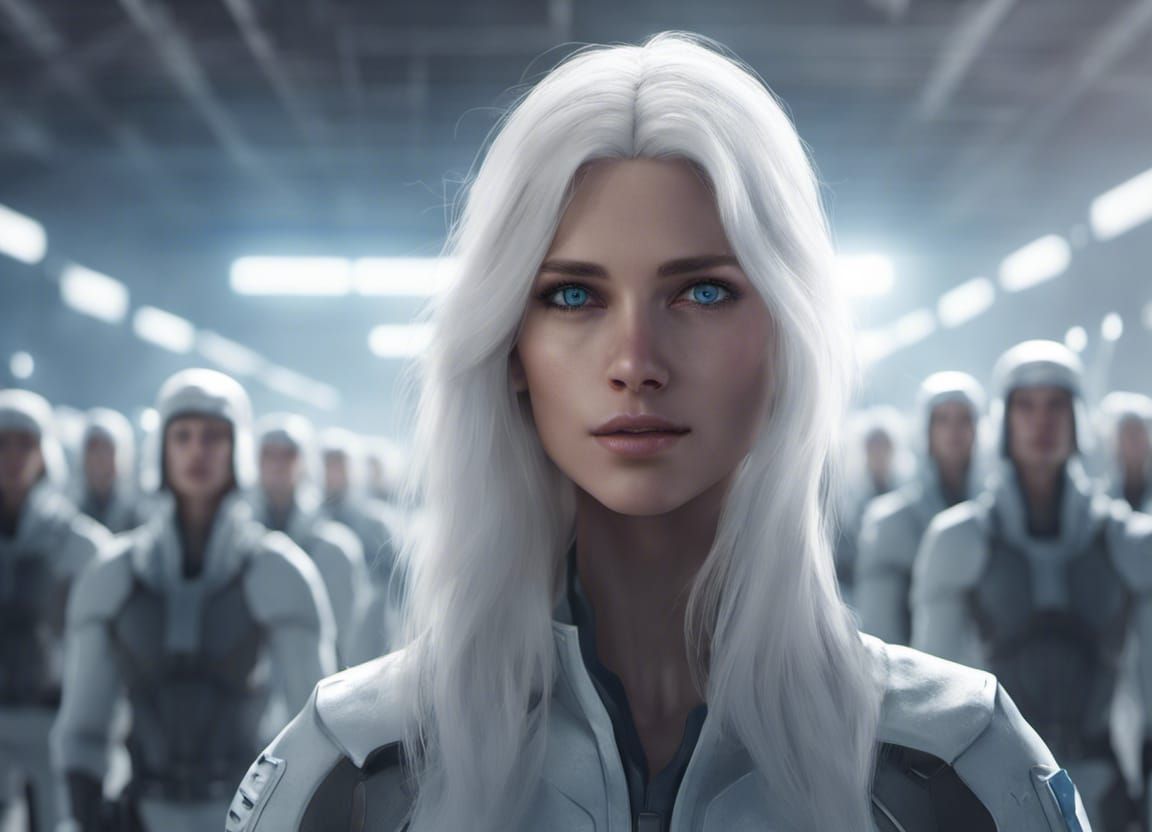 Tall Woman Leads Troops in Hangar, Digital Art