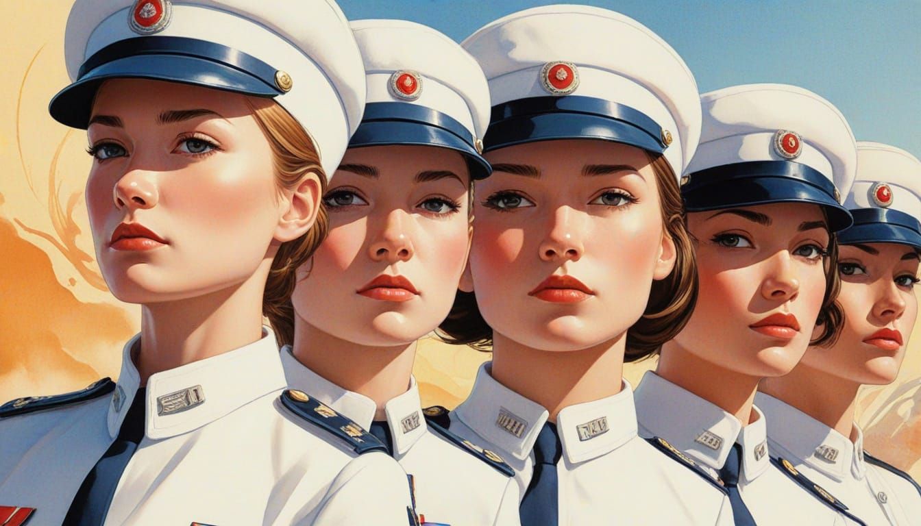 Women in White Uniforms: Comic Book Gouache Watercolor