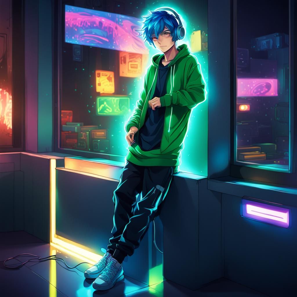 Anime Boy Portrait with Headphones in Vibrant Digital Style