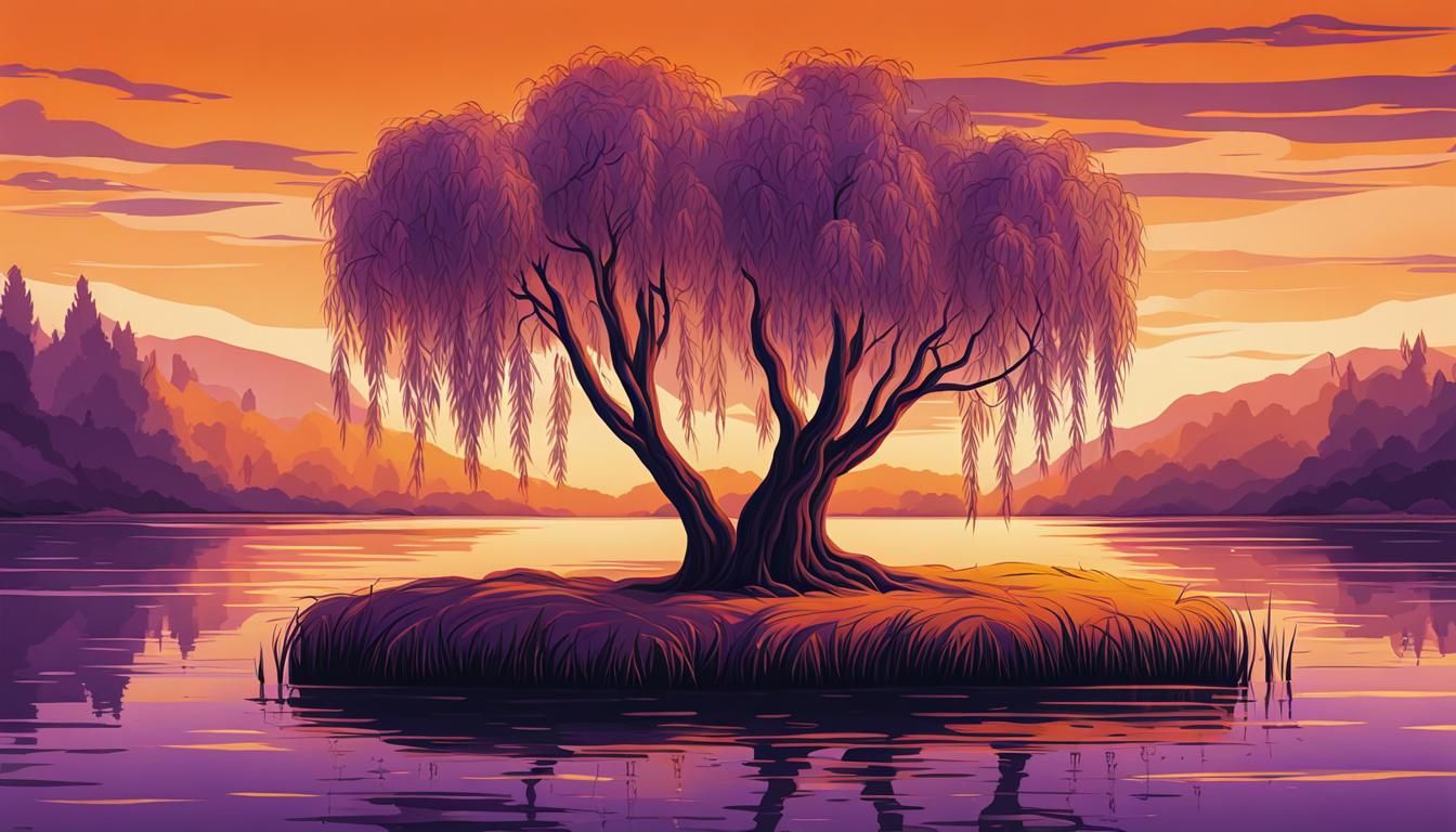 Minimalist Cartoon Willow Tree in Lake at Sunset