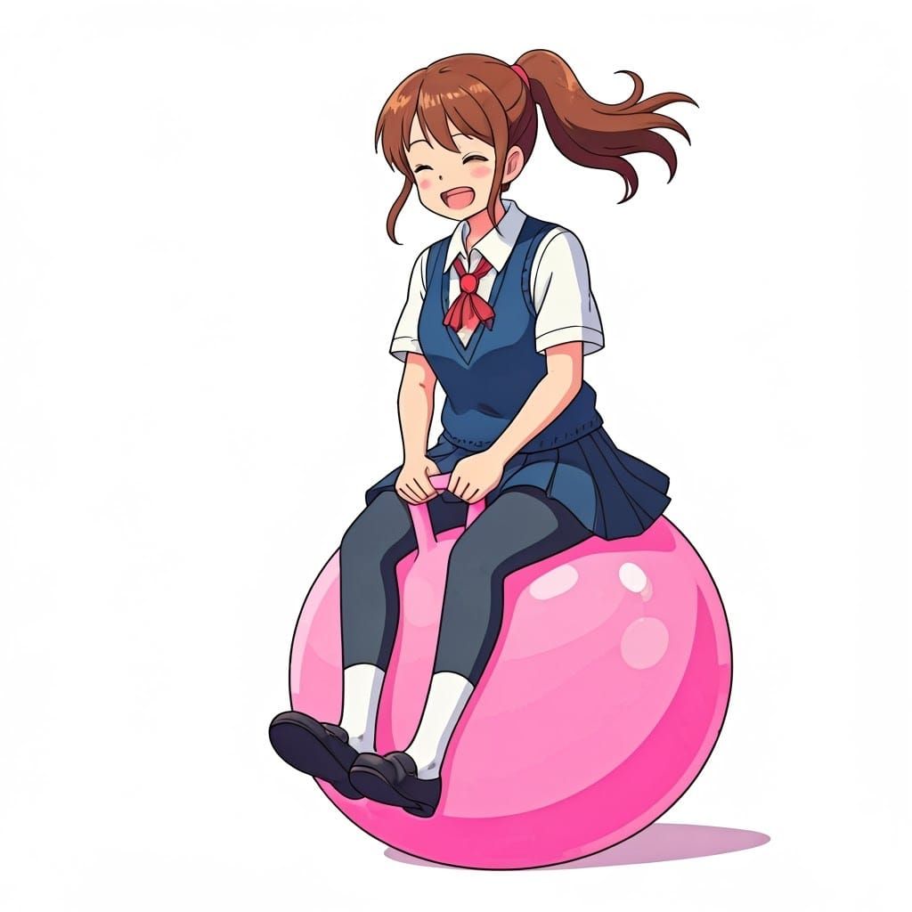 Bouncing Schoolgirl in Whimsical Ghibli Style