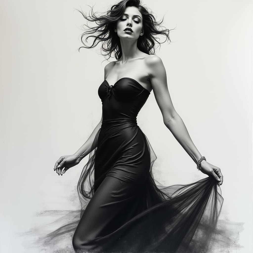 Elegant Woman in Exquisite Charcoal Drawing