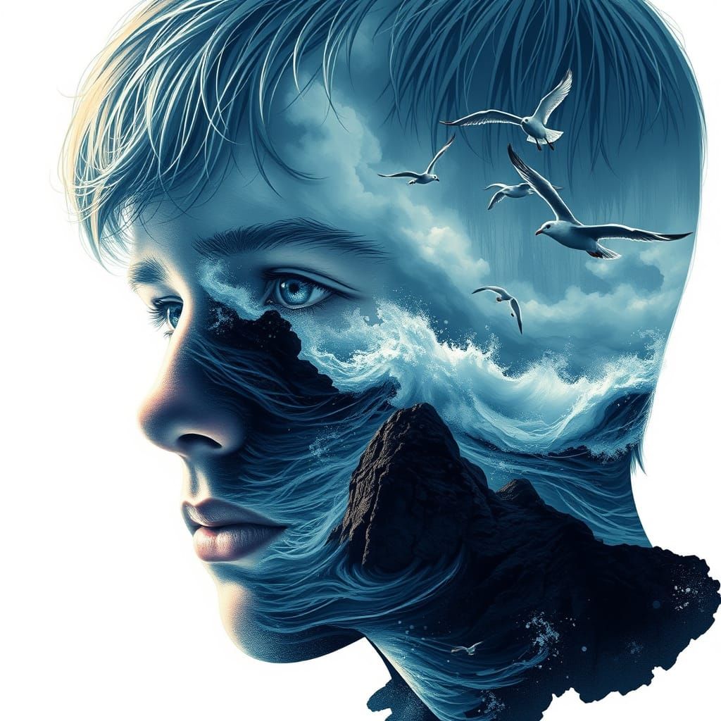 Teen Boy's Face with Turbulent Sea in Stunning Double Exposu...