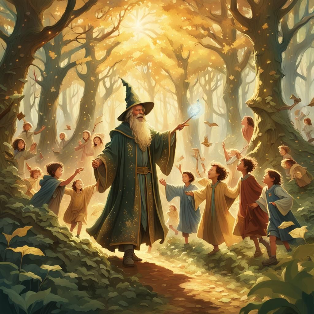 Whimsical Wizard in Forest: Fantasy Illustration