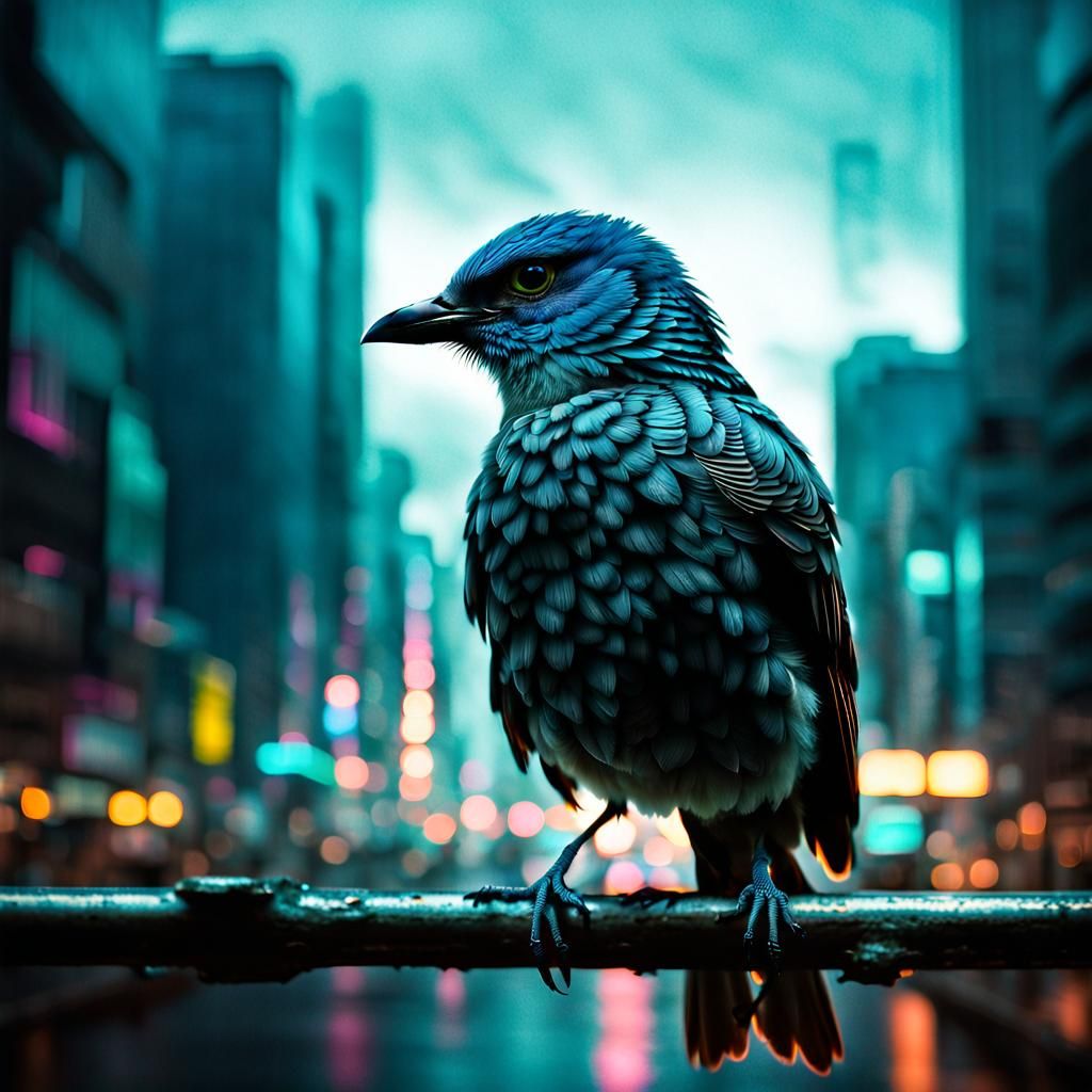Transparent Bird in Moody Cyberpunk Photograph