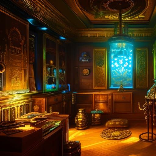 Steampunk Treasure Room Concept Art in Gold and Teal