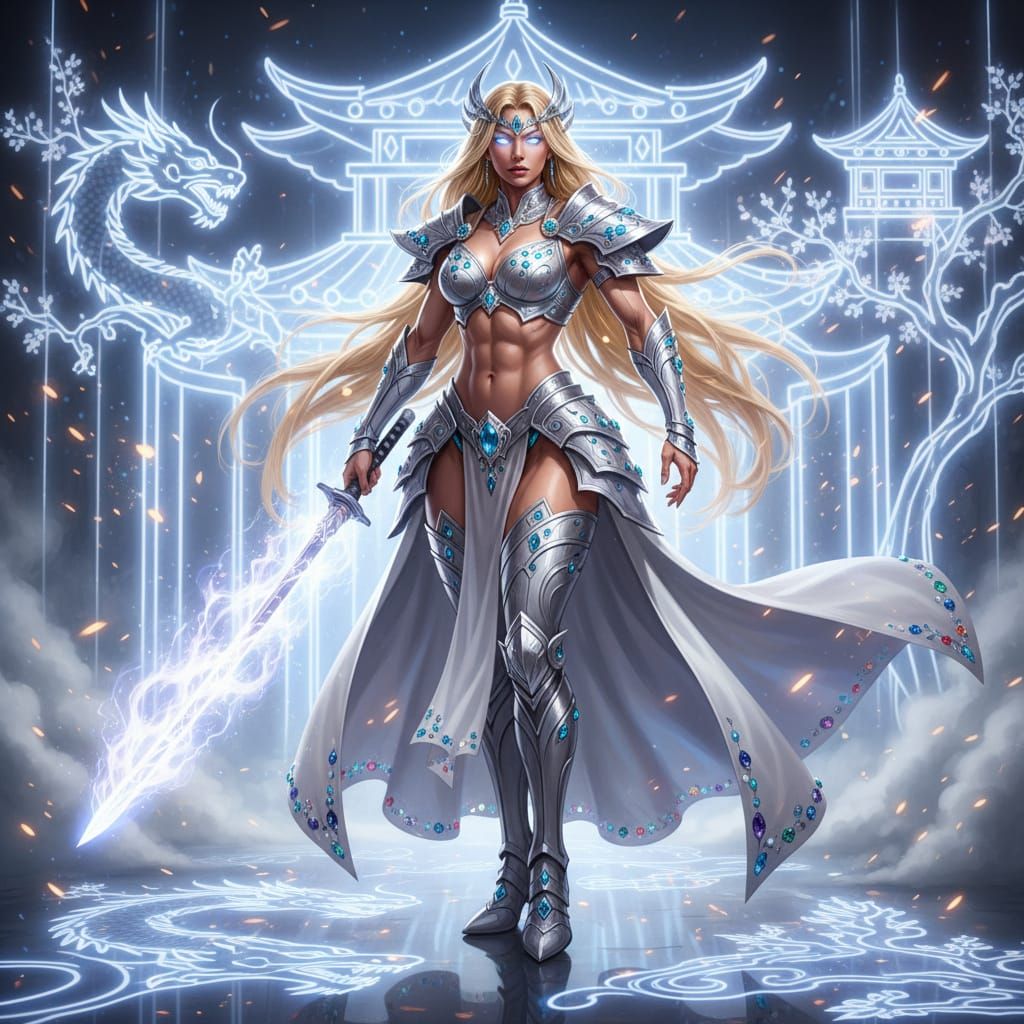 Blonde Samurai Goddess With Flaming Weapon in Neon Asian Sty...