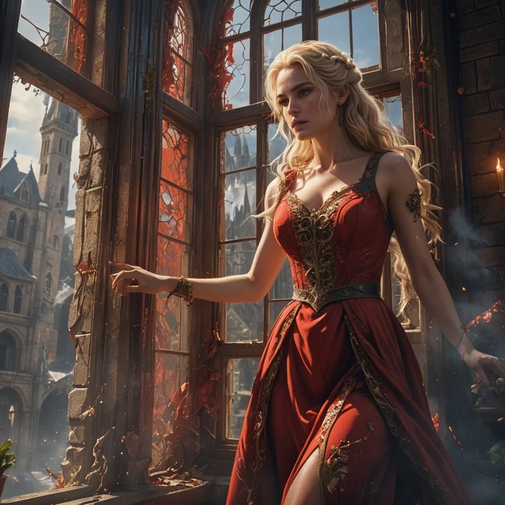 Blonde Woman in Red Dress by Window