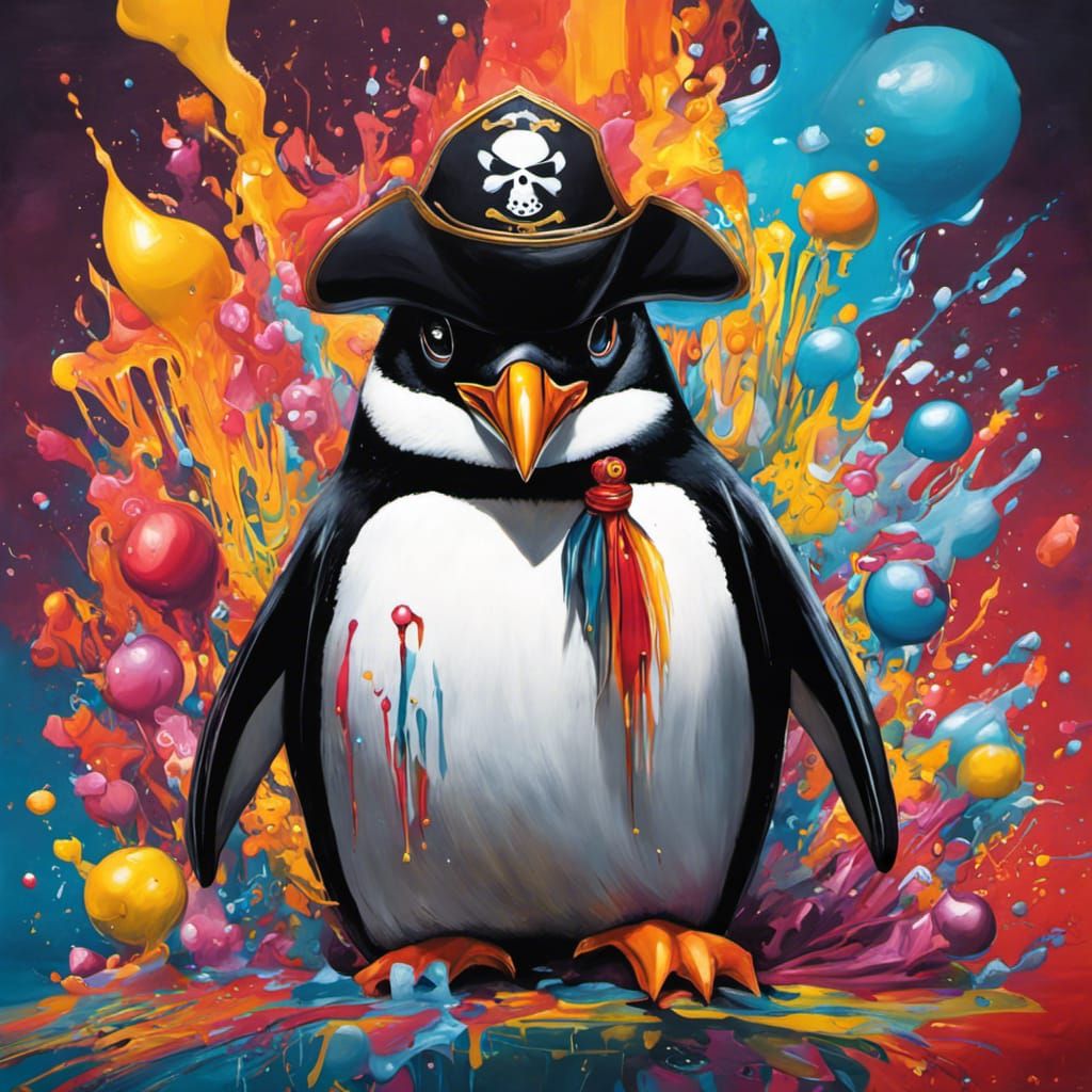 Penguin Pirates, graffiti art, splash art, street art, spray paint, oil gouache melting, acrylic, high contrast, colorfu...