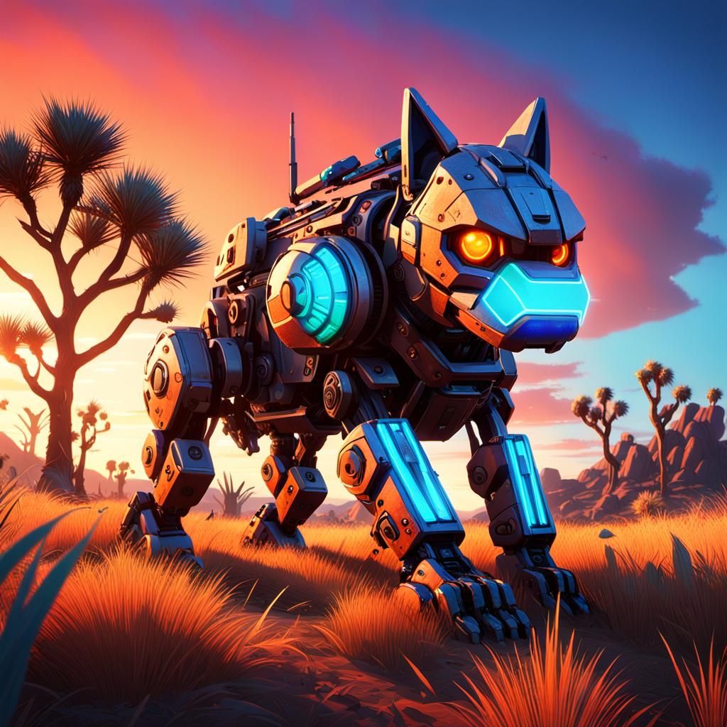 Ancient Canine Mech Prowling at Sunset