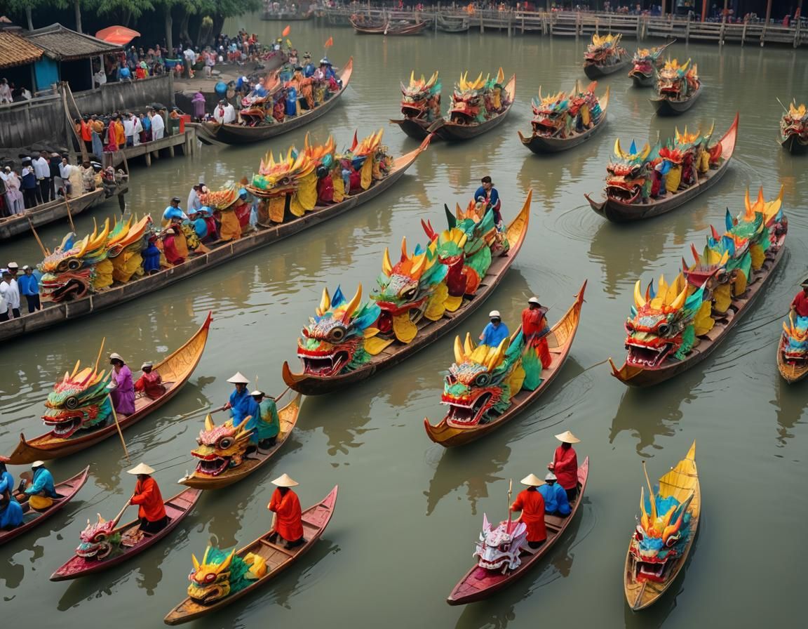 Traditional Vietnamese Dragon Boats on a Calm Lake