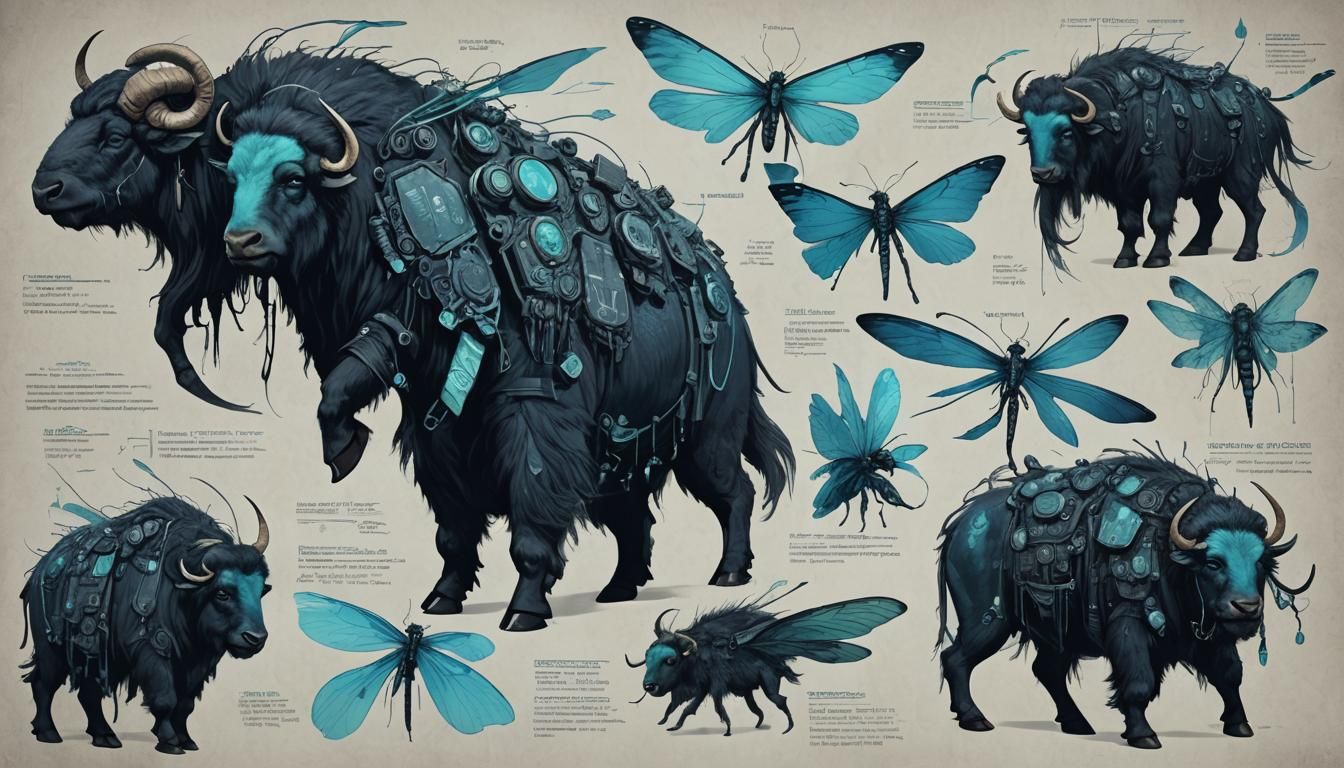 Daemonic Musk-Ox Over Cyberpunk City in Azure Palette