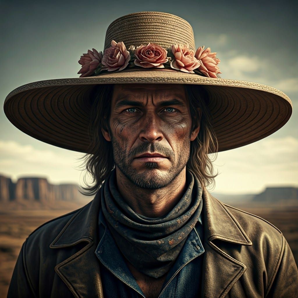 Outlaw's Floral Bonnet: Hyperrealistic Western Portrait