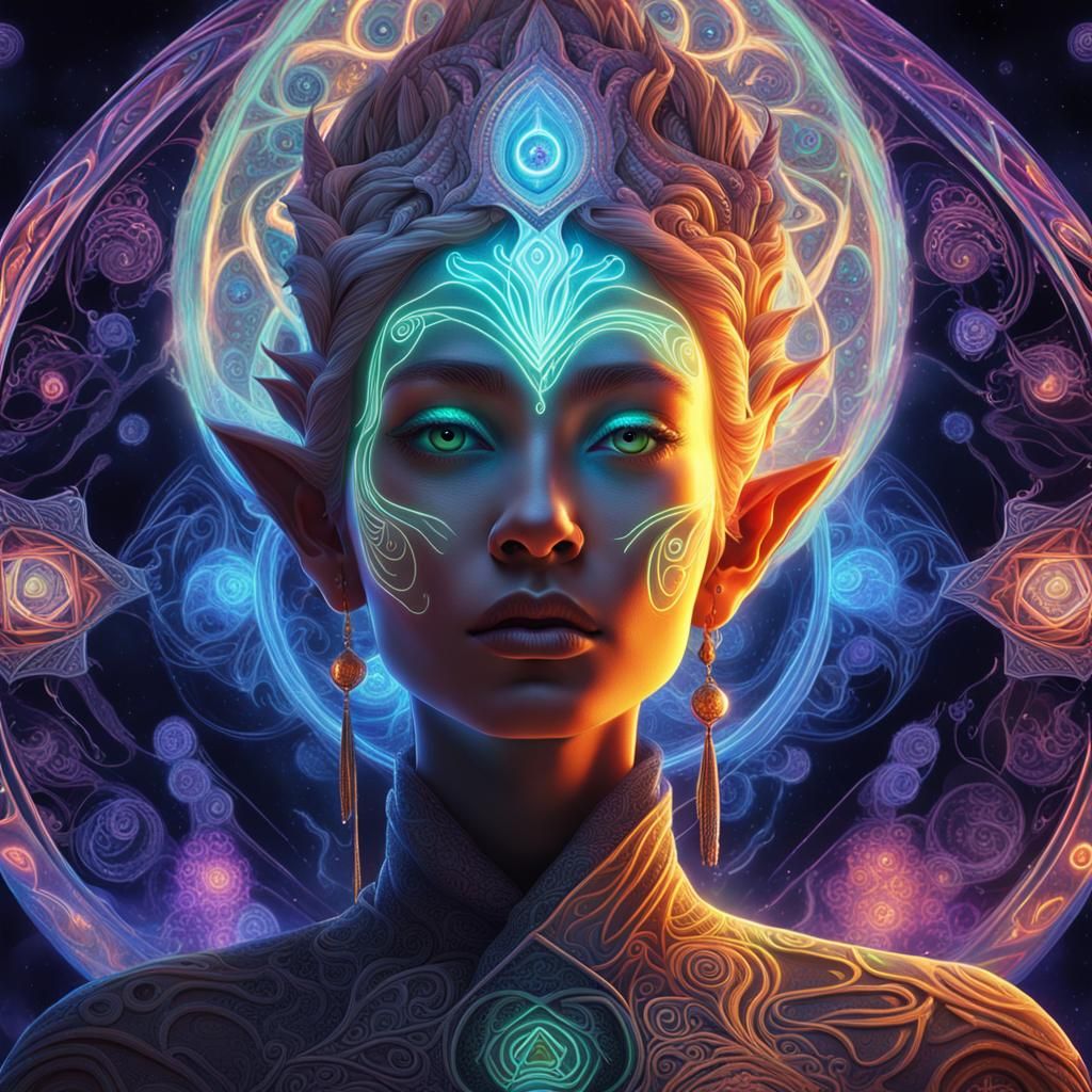 Psytrance Elf with Glowing Neon Skin and Fractals