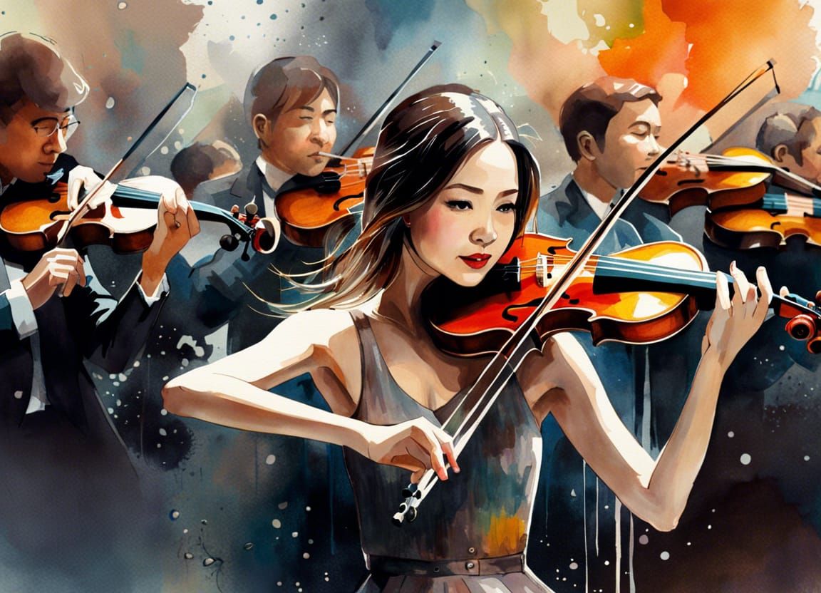 Girl's Joyful Violin Performance: Watercolor Art