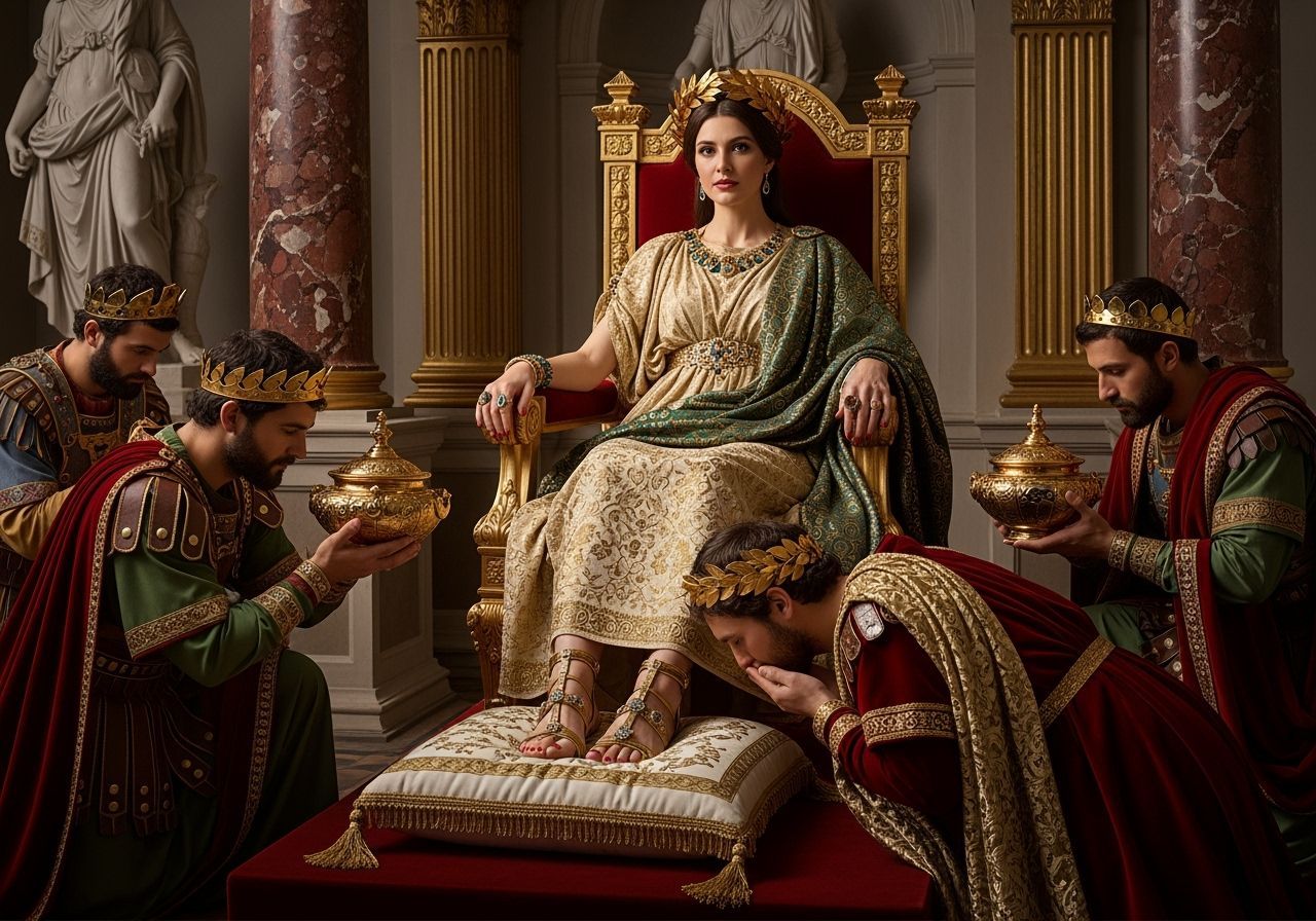 Regal Roman Empress on Golden Throne in Baroque Style