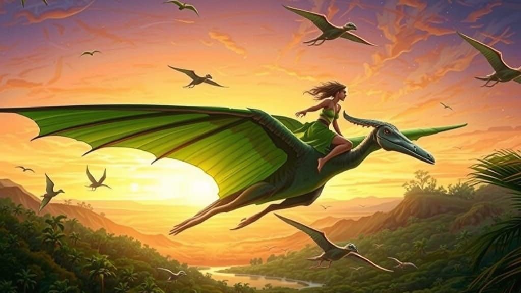 Woman Riding Pterodactyls in a Dramatic Sunset