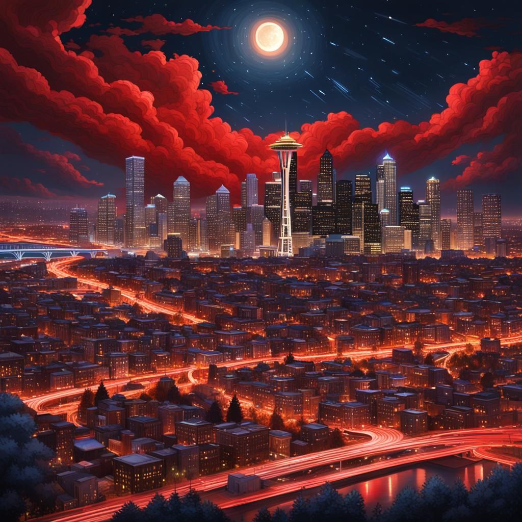 Red Star Over Seattle at Night