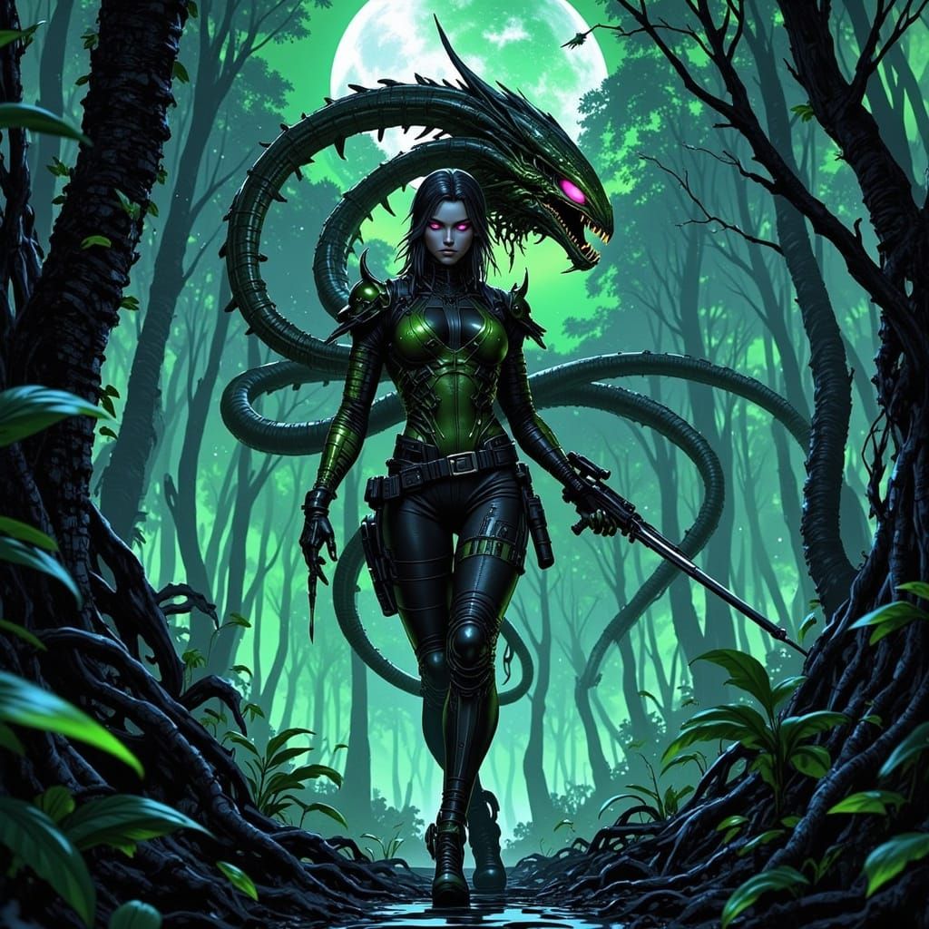 Biopunk Predator Hunts in Alien Jungle Concept Art