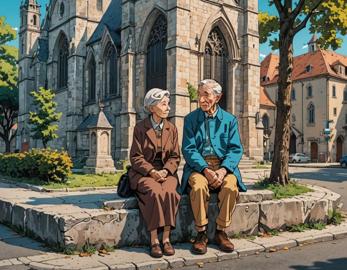 Elderly Couple Illustration in Anime Style