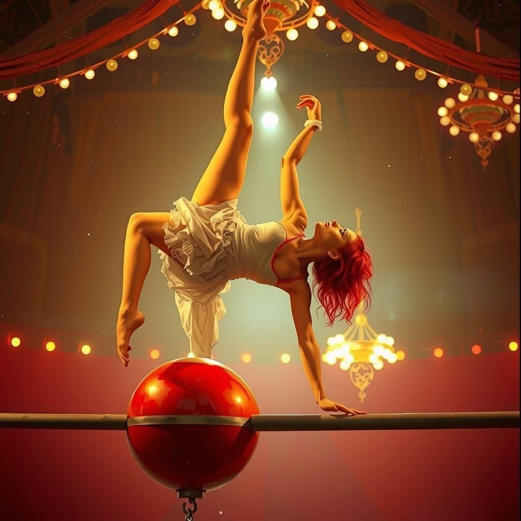 Red-Haired Acrobat Performs Handstand on Beam in Warm Light
