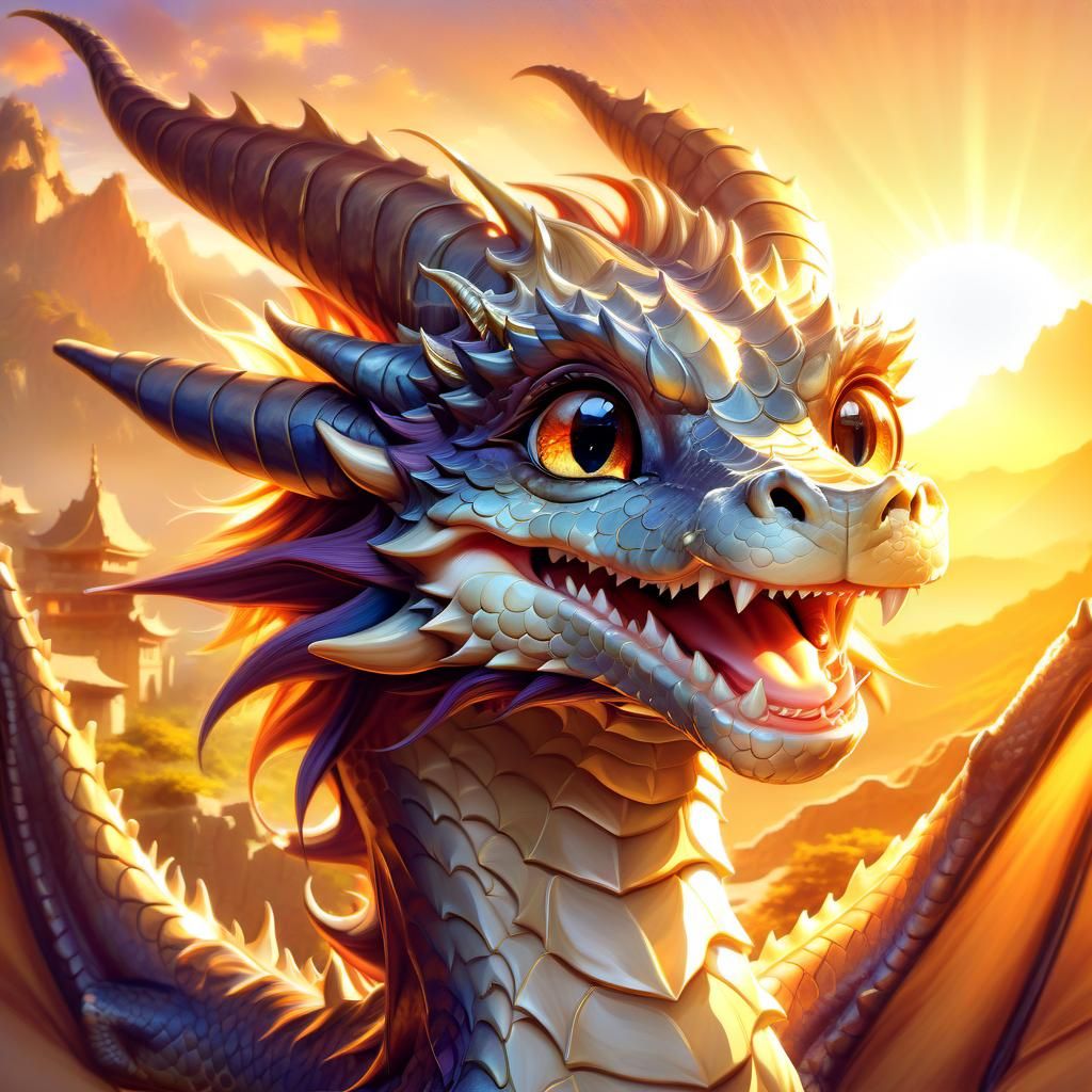 Adorable Dragon Portrait at Sunrise, Anime Style