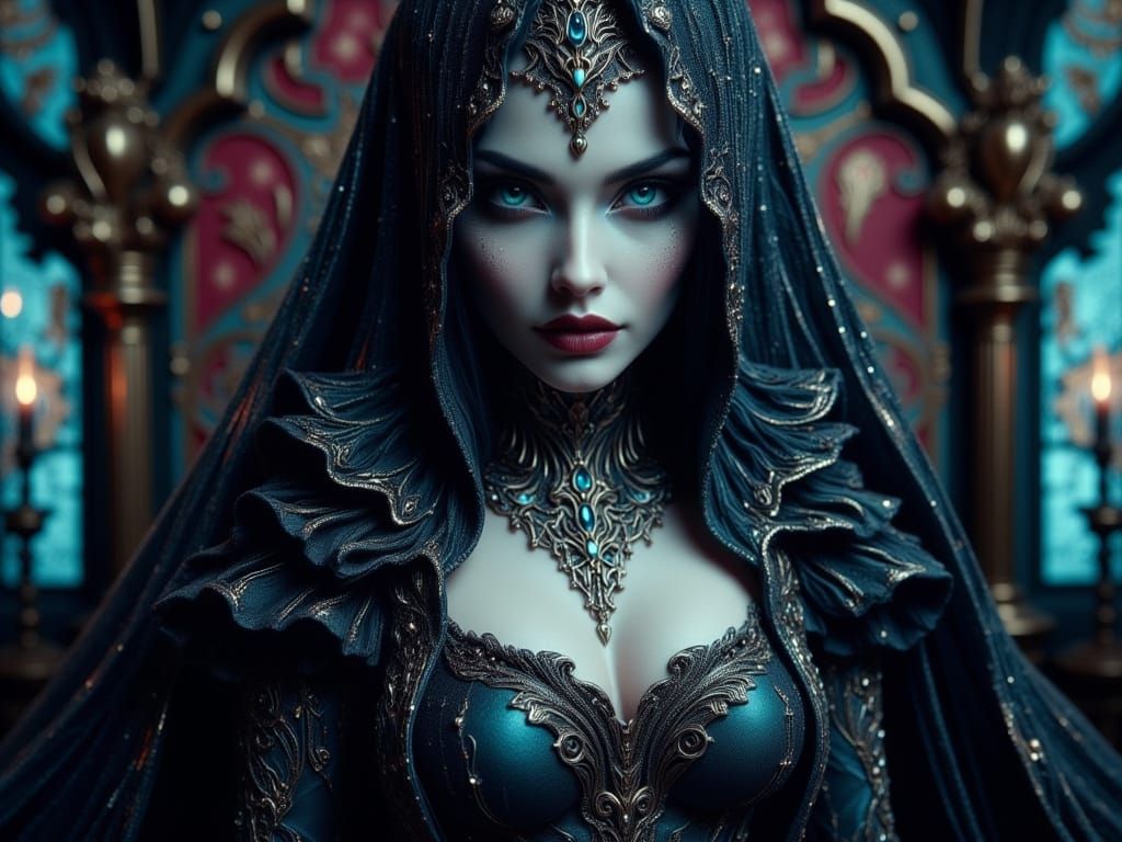 Ethereal Gothic Bride in Lavish Purple and Turquoise Attire