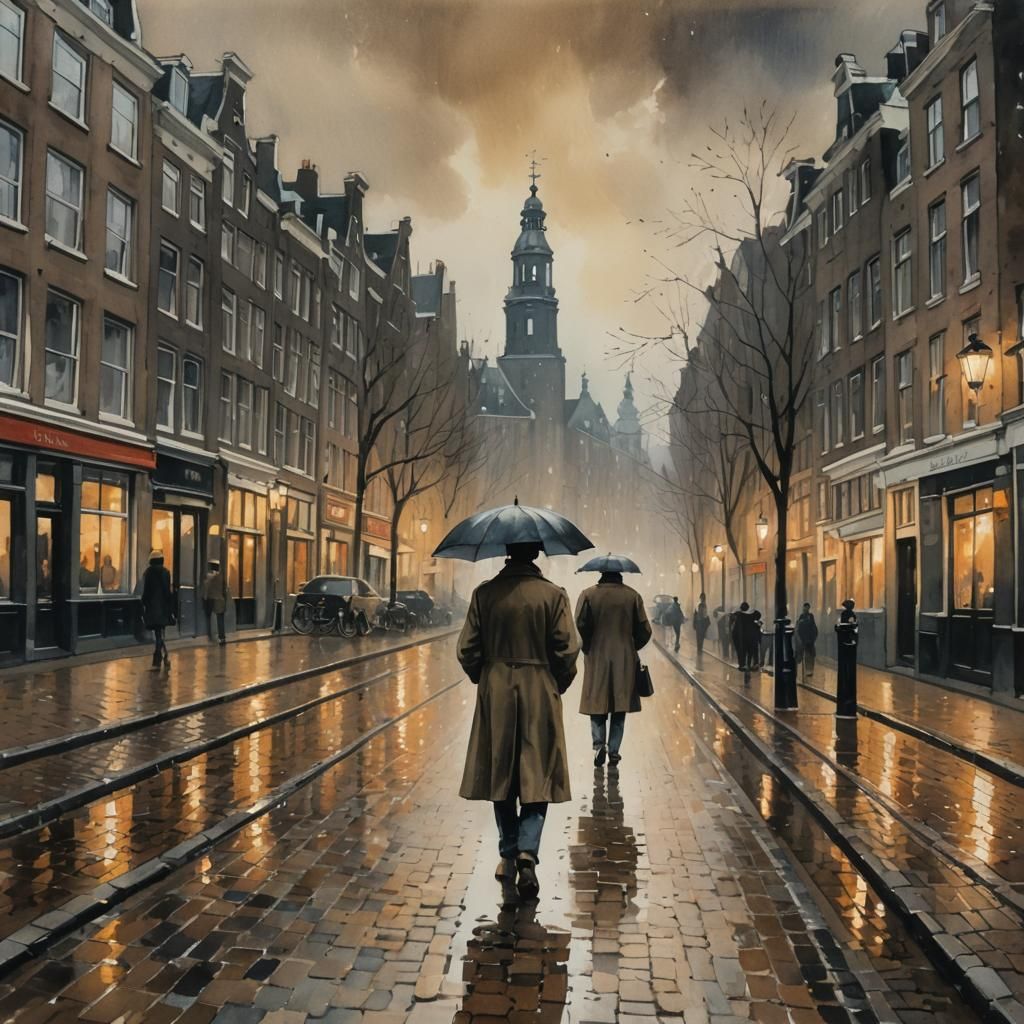 Foggy Amsterdam Street Scene in Gouache Style