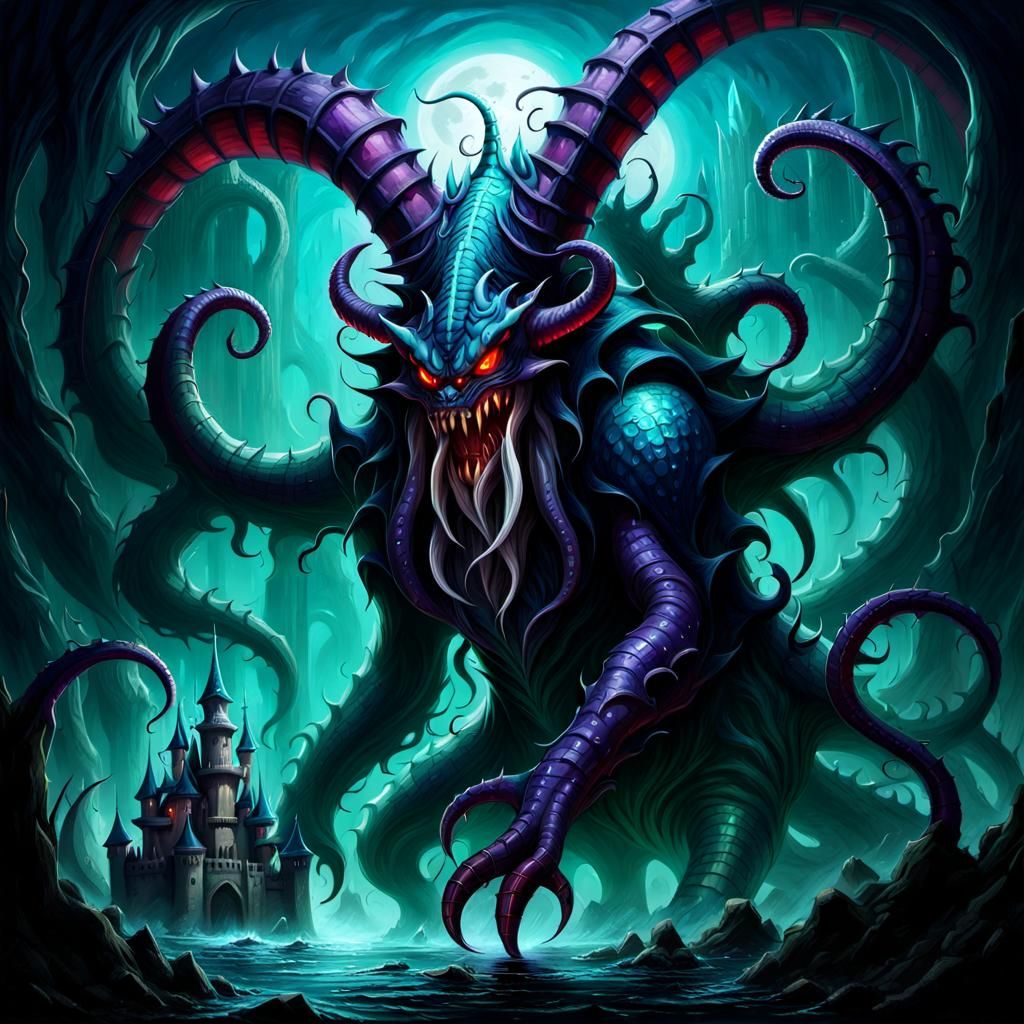 Eerie Green Tentacle Monster in Oil Painting