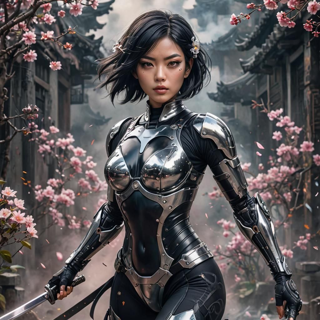 Cyborg Warrior with Katana in Ink Masterpiece Style