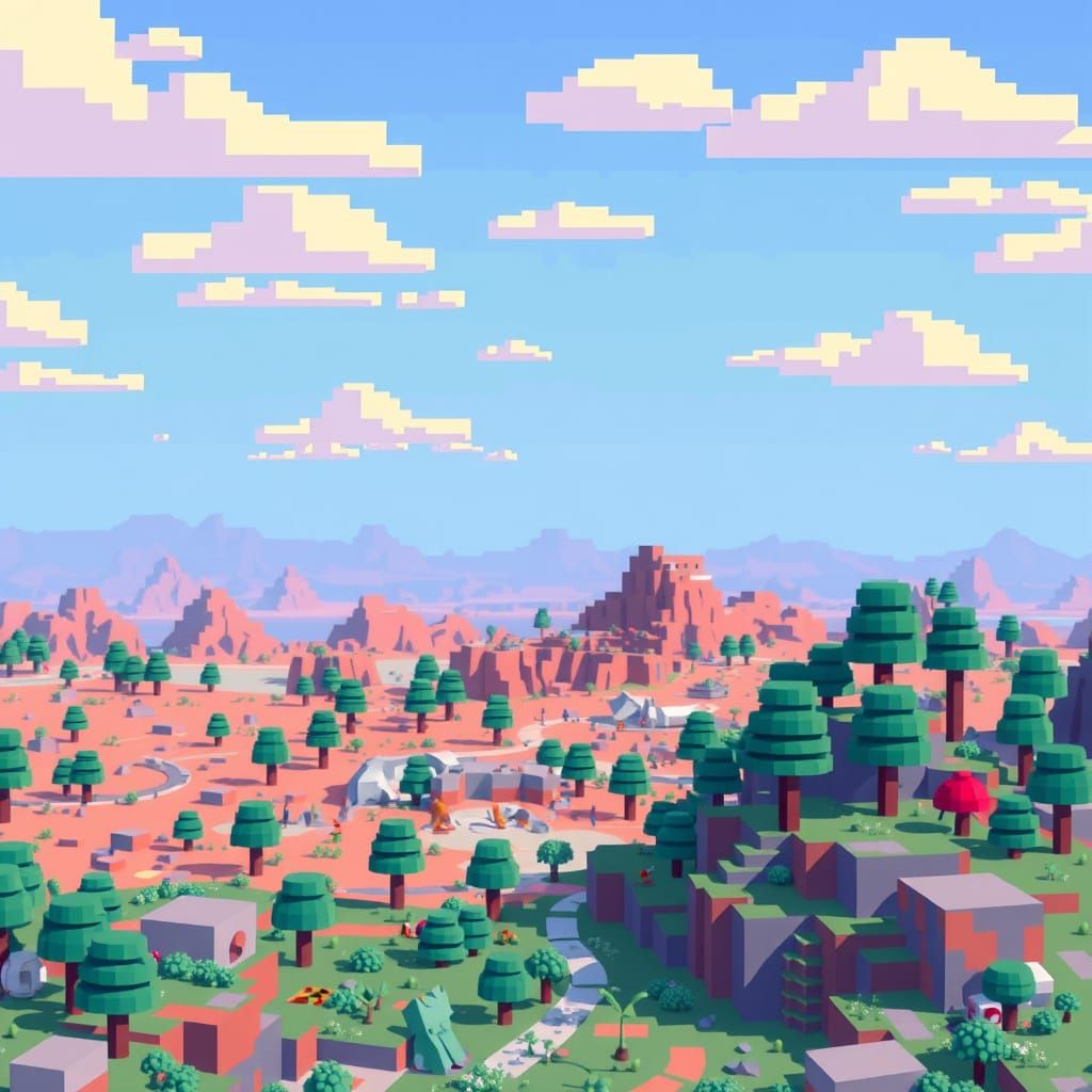 Blocky Pixel Art Landscape Inspired by Retro-Futuristic Aest...
