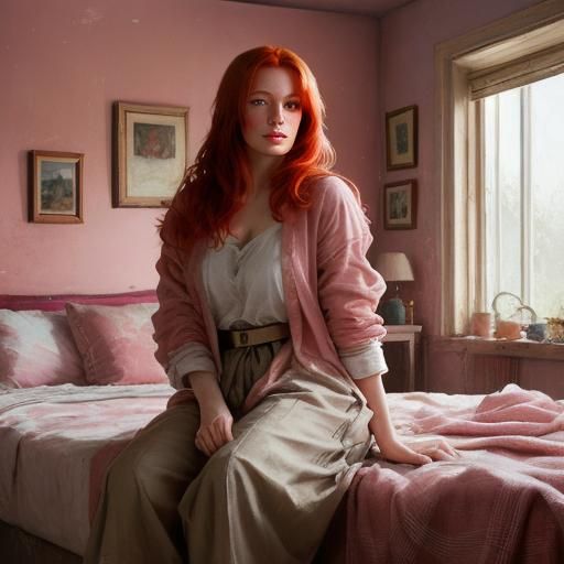 Redhead Girl in Messy Bedroom, Oil Painting