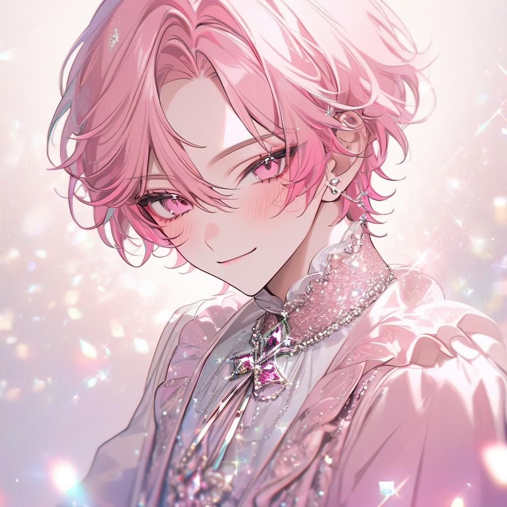 Charming Anime Boy with Pink Hair and Rose Eyes