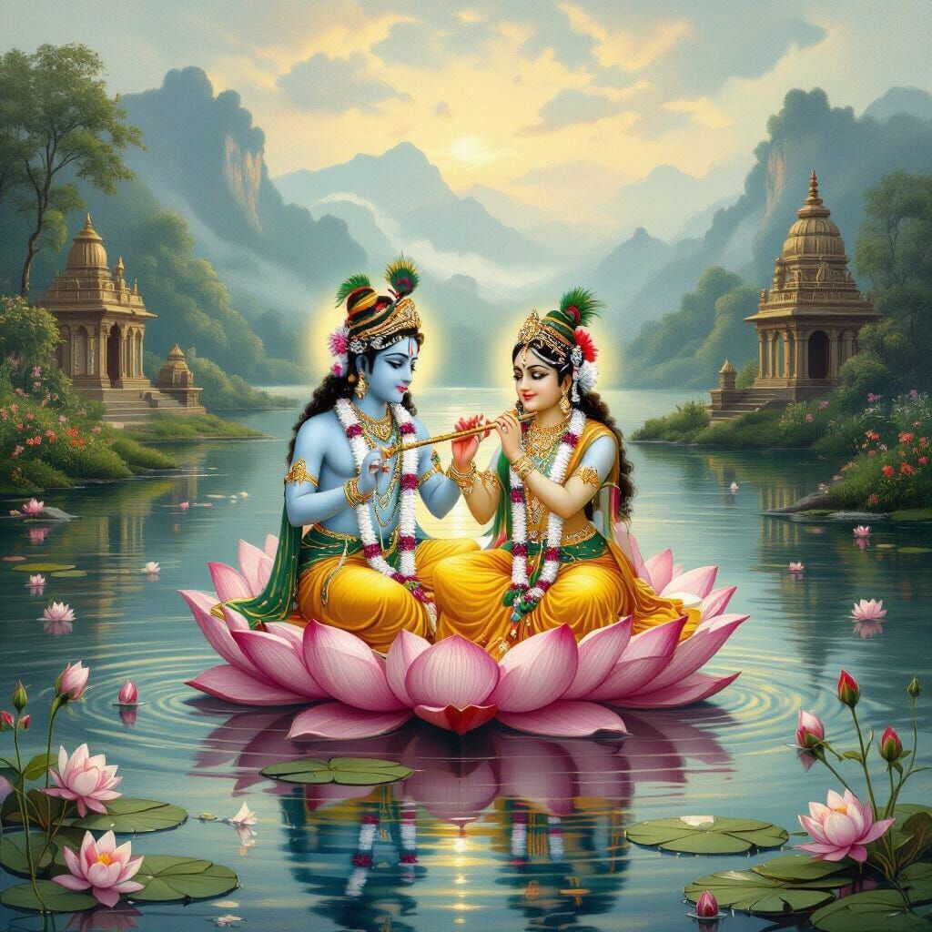 Radha and Krishna in Vrindavan: Traditional Indian Art